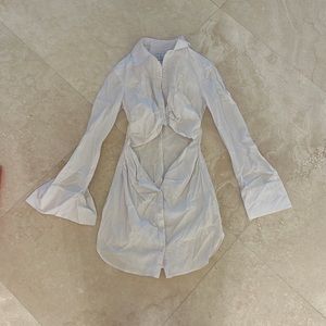 l’acadamie white button long sleeve dress with midriff peep